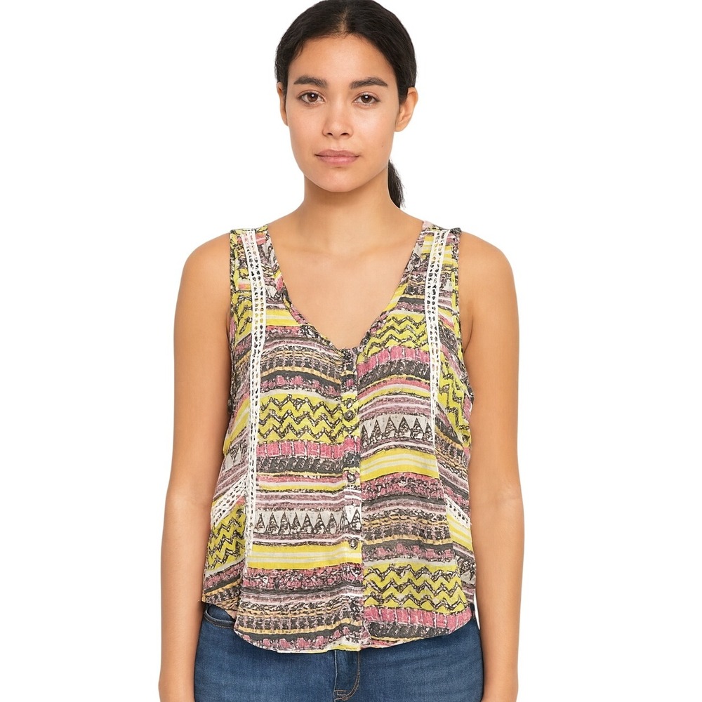 Lush‎ Blouse Top M Yellow Multicolor Mixed Print V Neck Crochet Lace Boho Chic